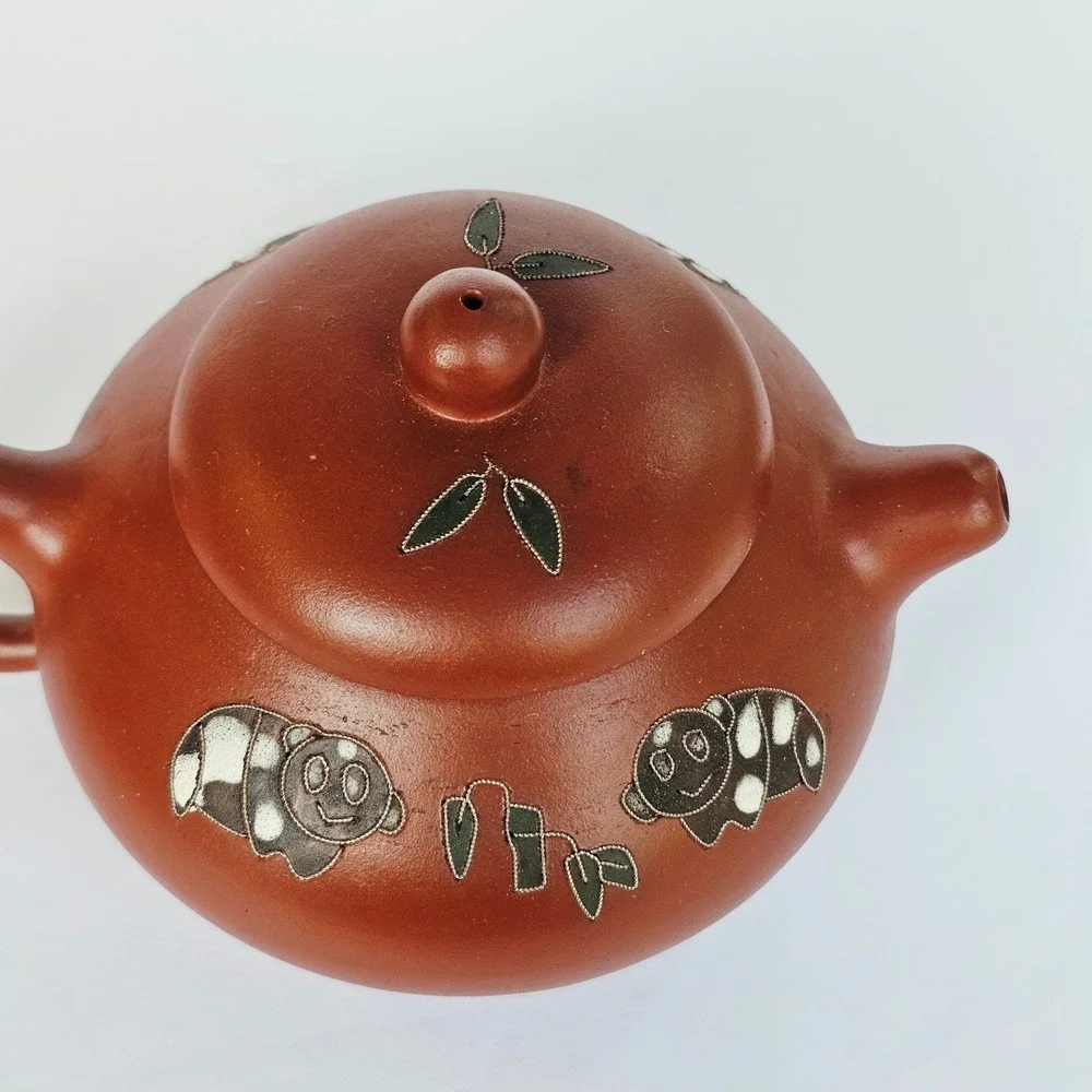 Vintage Yixing Zisha Clay Teapot Panda Bamboo Wire Inlay Chinese Tea Pot